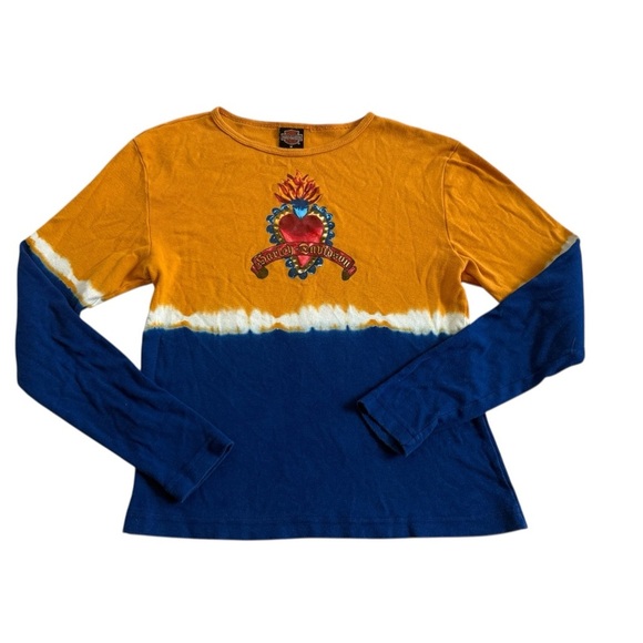 Harley-Davidson Tops - Y2K Vintage Jeweled Heart Tie Dye Harley Davidson Long Sleeve Shirt Size Medium